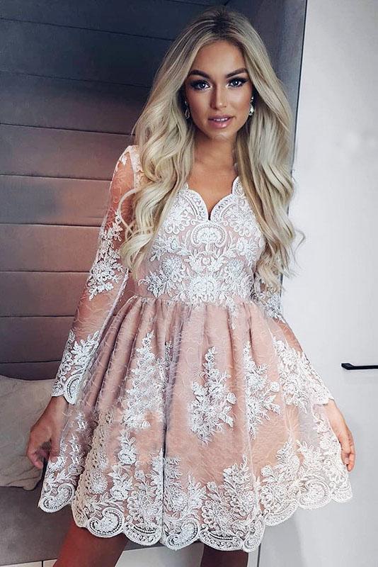 A-Line V-neck Long Sleeves Short Pink Homecoming Dress with Appliques PPD19