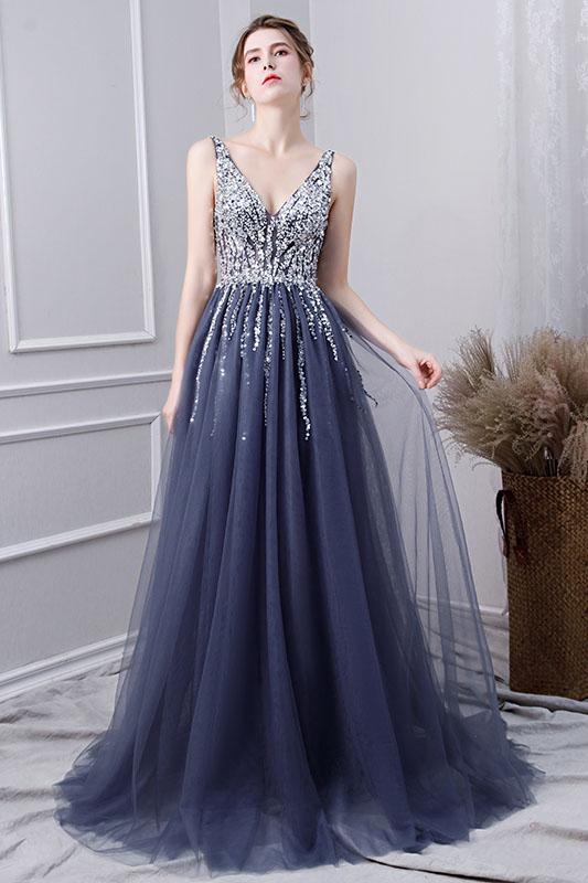 A Line V Neck Tulle Navy Blue Long Prom Dresses With Beading PDL29
