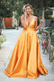 Orange Spaghetti-Straps Elegant V-Neck Backless Sleeveless Prom Dresses PDN7