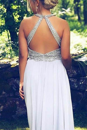A Line Chiffon Beaded Sleeveless Long Open Back Prom Dresses PDH25