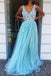 A-Line V-Neck Floor-Length Tulle Long Prom Dress with Appliques PDQ96