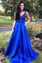 A-Line V-Neck Royal Blue Satin Prom Dress with Beading Pockets PDJ14