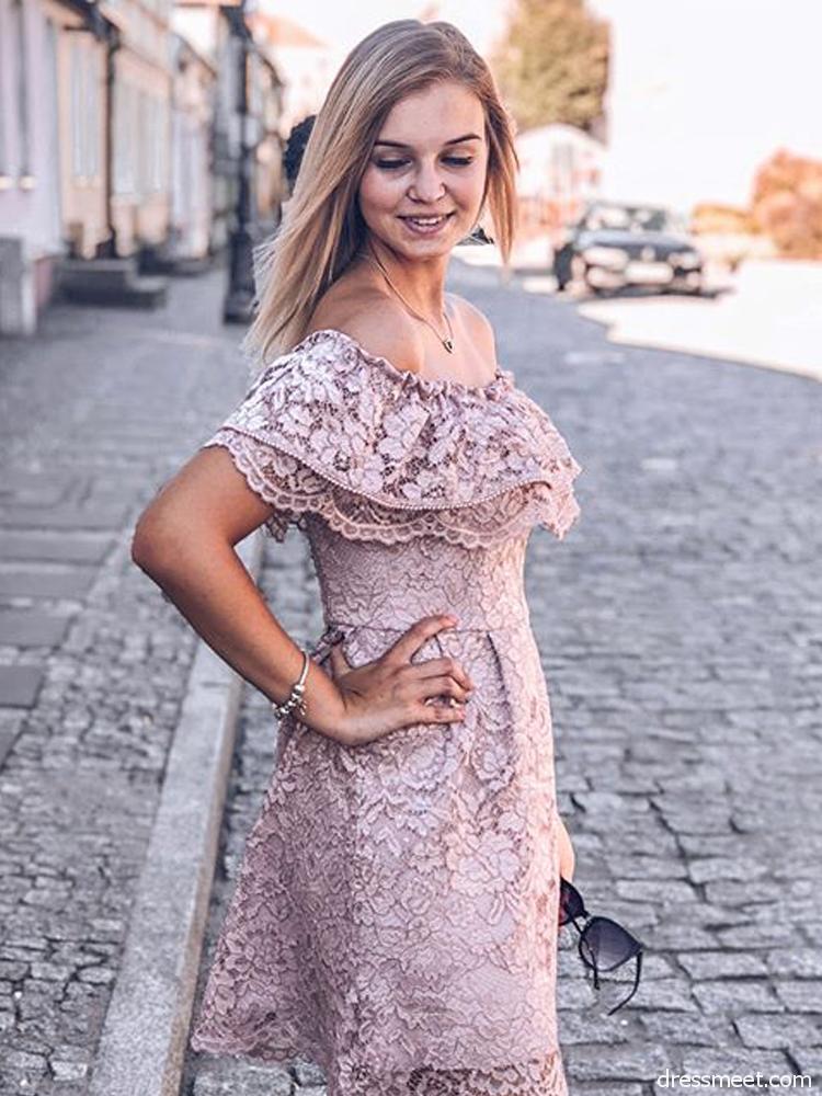 Elegant Off the Shoulder Blush Lace Short Homecoming Dresses PPD73