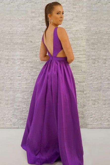 Simple A-Line Deep V-Neck Backless Long Purple Satin Prom Dress with Pockets PDJ34