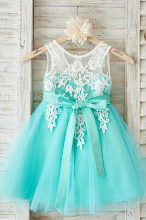 A-Line Round Neck Mint Tulle Flower Girl Dress with Appliques PDP27