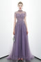 A-line Tulle Long High Neck Purple Prom Dresses With Ruffles Formal Evening Dress PDR86