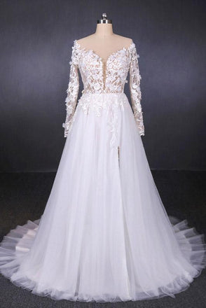 A Line Tulle Lace Appliques Long Sleeves Wedding Dress, Cheap Bridal Dresses PDQ28