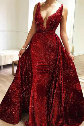 Burgundy Sequins Long V Neck Prom Dresses Lace Evening Dresses PDP1