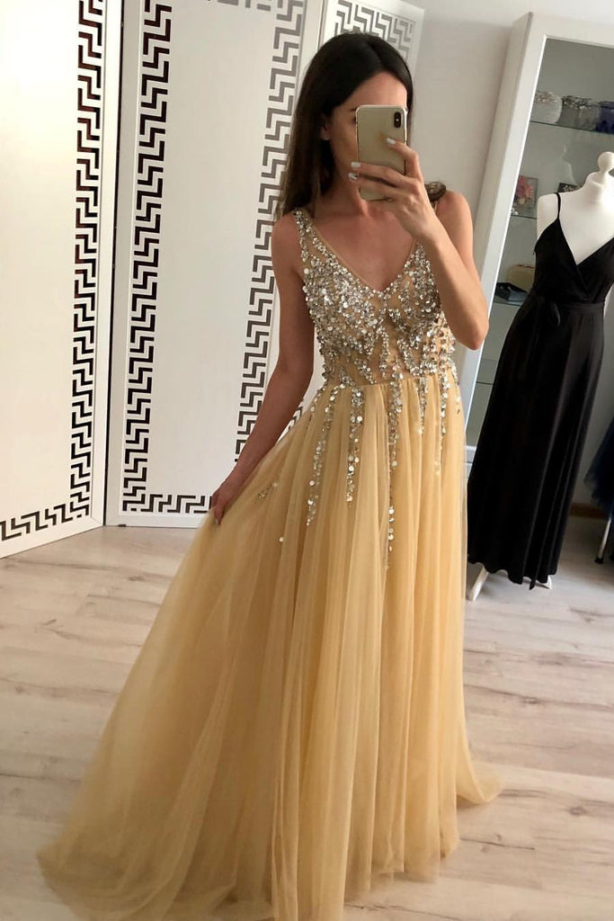 Charming A Line Tulle V Neck Floor Length Prom Dresses Beads Sequins PDJ24