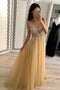 Charming A Line Tulle V Neck Floor Length Prom Dresses Beads Sequins PDJ24