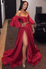 A-Line Off the Shoulder Red Split Front Long Prom Dress with Belt Sleeves PDH8