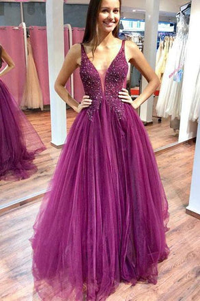 A Line Purple Tulle Beading Long Prom Dresses with Appliques PDH93