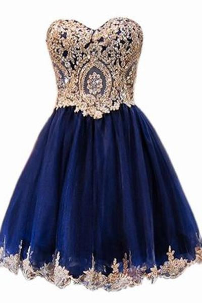 A Line Short Blue Gold Lace Appliques Prom Dresses Homecoming Dresses –  trendtydresses