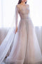 Charming A-line Round Beaded Long Sleeves Round Neck Prom Dresses Formal Gowns PD202