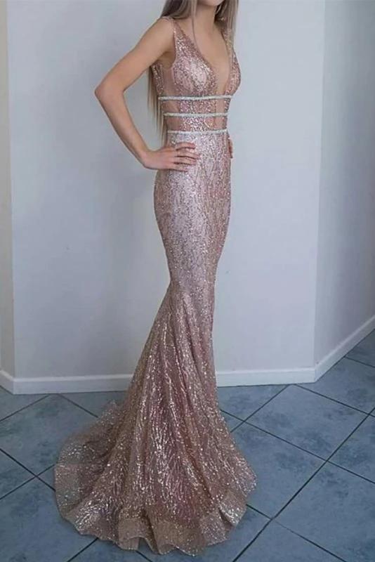 Mermaid V-Neck Backless Glitter Formal Evening Prom Dresses PDN5