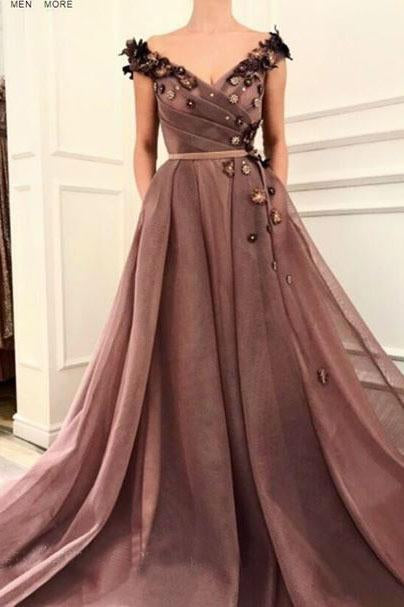 A Line V Neck Cap Sleeves Brown Long Flowers Prom Dresses With Pockets PDR10