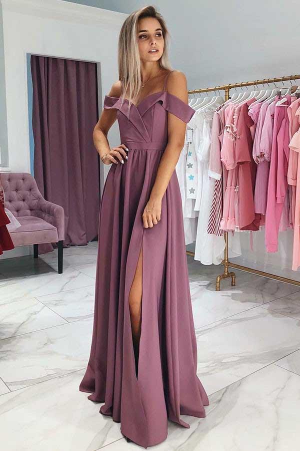 Charming A Line Off the Shoulder Spaghetti Straps Grape Long Prom Dresses PDE91