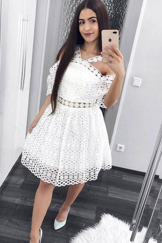 Cute A-Line White Lace Homecoming Dress,Short Prom Dresses PPD6