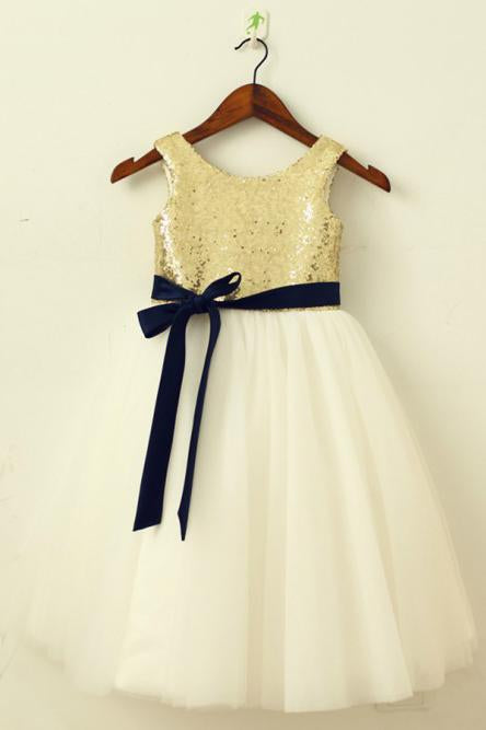 A-Line Round Neck Ivory Flower Girl Dress with Sequins Sash PDP23
