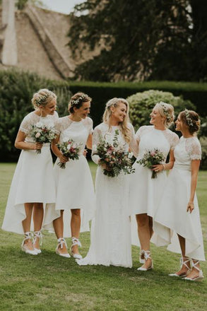 A-Line Short Sleeves Hi-Low Off White Satin Bridesmaid Dress with Lace PDR88