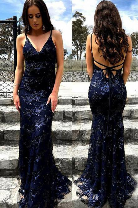 Mermaid Spaghetti Straps Lace Backless Navy Blue Prom Dress PDJ31
