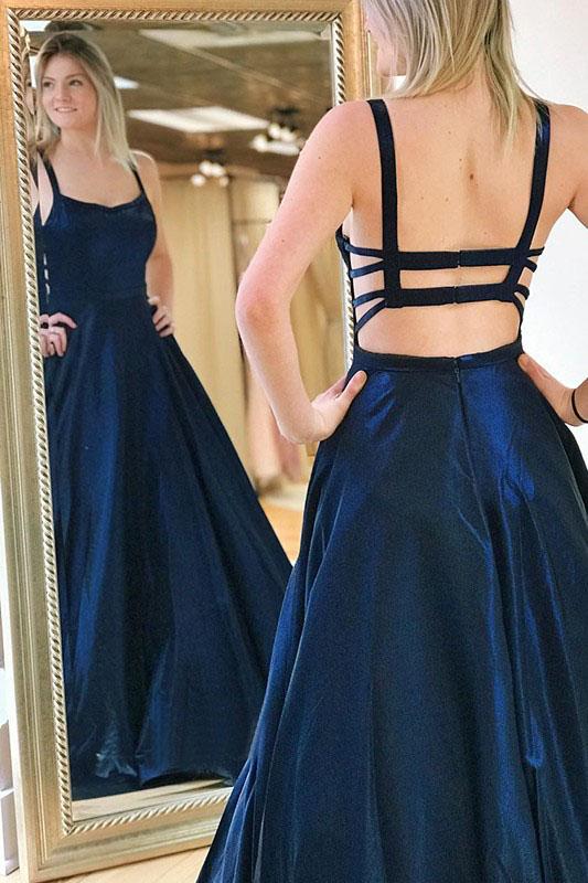 A Line Spaghetti Straps Sweep Train Drak Navy Prom Dress With Pocktes PDQ56