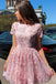 A-Line Short Sleeves Short Pink Homecoming Dress with Lace Appliques PPD20