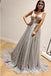 A-Line Sleeveless Silver Long Prom Dresses, V Neck Sleeveless Prom Gown PDP78