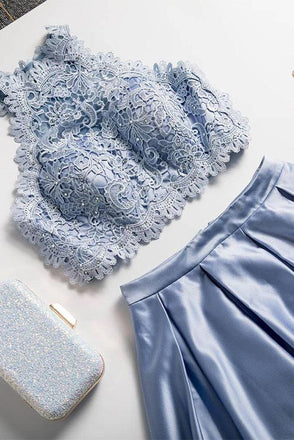 Two Piece A Line Jewel Light Sky Blue Floor Length Prom Dress With Lace Top PDQ55