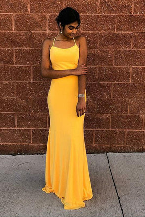 Mermaid Spaghetti Straps Floor-Length Yellow Sexy Prom Dress PDQ67