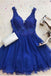 A Line V Neck Tulle Beaded Royal Blue Short Homecoming Dresses PPD71