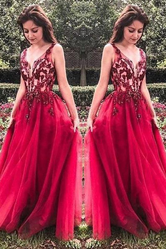 Unique Red V Neck Tulle Appliques Prom Dresses, Long Party Gowns PDH15