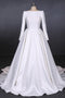 Simple A Line Long Sleeves Satin Wedding Dress, New Arrival White Long Bridal Gown PDQ13