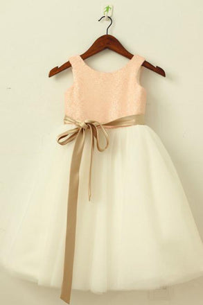 A-Line Round Neck White Flower Girl Dress with Lace Sequins Sash PDP22