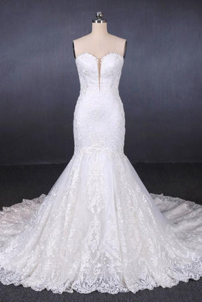 Sweetheart Mermaid Lace Appliques Button Back Long Wedding Dress PDQ29