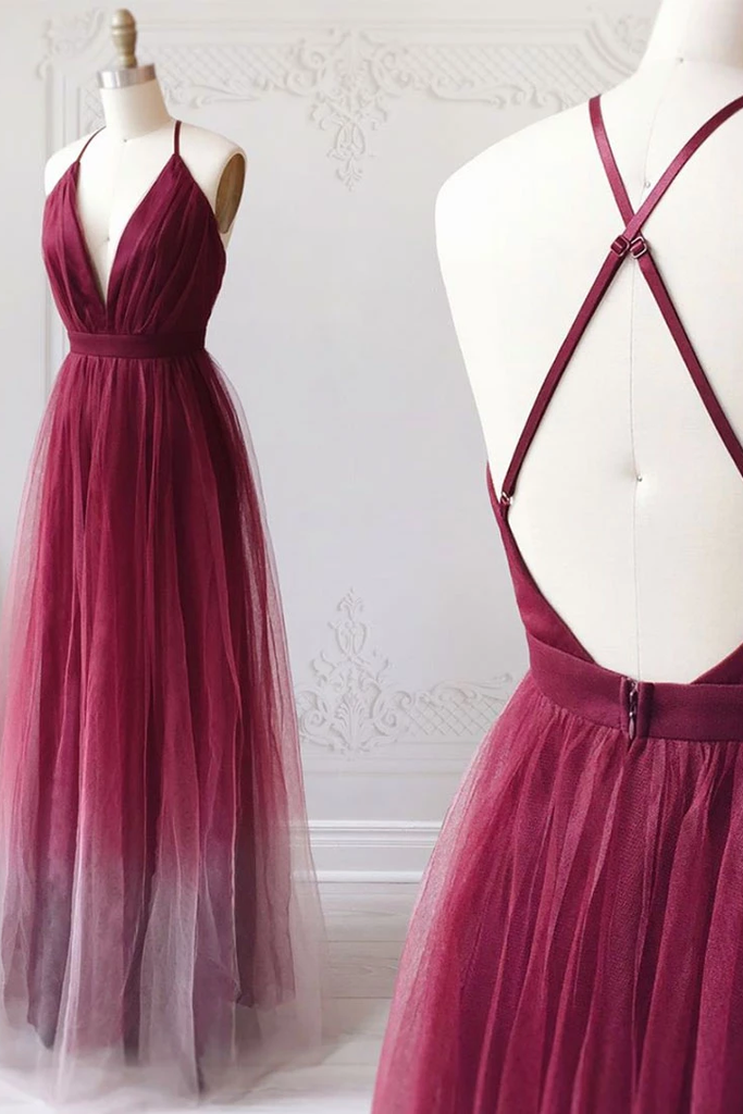 A-line Spaghetti Straps Ombre Long Tulle Prom Dresses Party Dresses PDR69