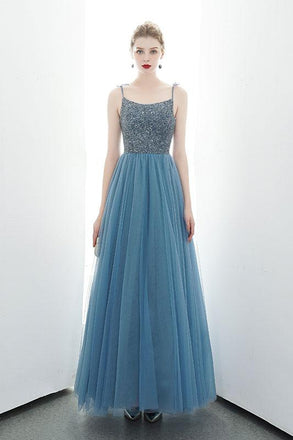 A-line Spaghetti Straps Blue Lace Up Back Beading Tulle Long Prom Dresses PDR84