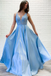 A-line V neck Lace Appliques Long Satin Prom Dresses Blue Evening Party Dresses PDR67