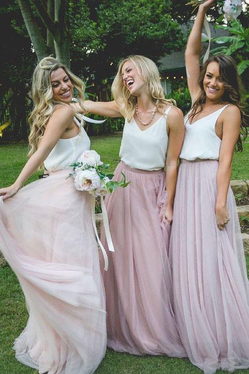 Gorgeous Two Piece Pink Tulle Long Bridesmaid Dress with White Top PPD95