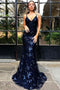 Mermaid Spaghetti Straps Lace Backless Navy Blue Prom Dress PDJ31