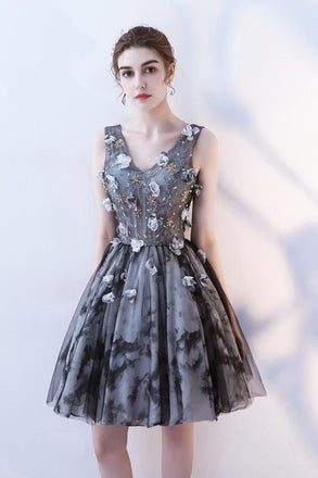 V Neck A Line Flowers Homecoming Dresses, Short Grey Prom Dress PDN60