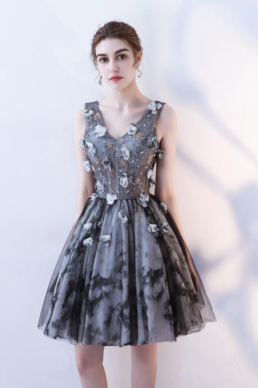 V Neck A Line Flowers Homecoming Dresses, Short Grey Prom Dress PDN60 trendtydresses V Neck A Line Flowers Homecoming Dresses, Short Grey Prom Dress PDN60 trendtydresses