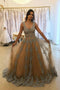 A-Line V-Neck Tulle Long Prom Dress with Lace Appliques PDH6