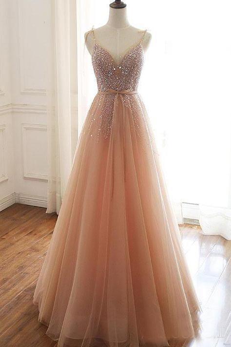 A Line Lace Up Back Spaghetti Straps Evening Dresses Coral Tulle Sequins Prom Dresses PDS15