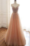 A Line Lace Up Back Spaghetti Straps Evening Dresses Coral Tulle Sequins Prom Dresses PDS15