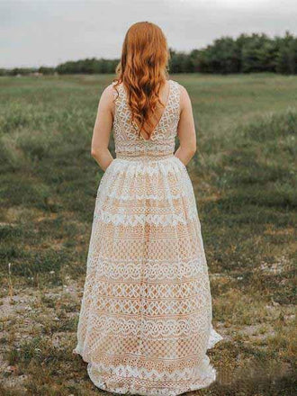 Ivory V Neck Long Lace Plus Size Prom Dresses with Pocket Vintage Formal Dress PDH66