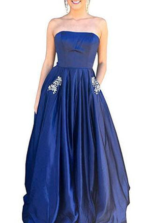 Royal Blue Strapless Long A Line Bridesmaid Dress with Pockets, Cheap Prom Dress with Beads PPD56