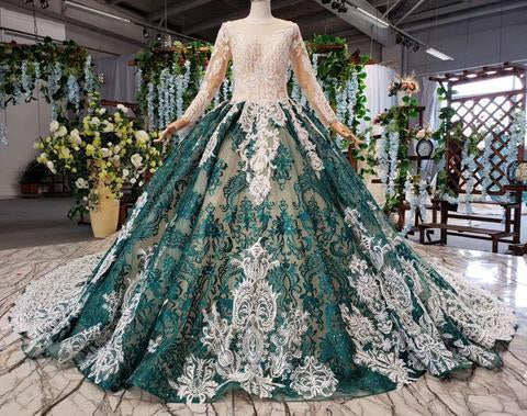 Green Long Sleeves Ball Gown Lace Prom Dress with Appliques, Long Prom Gown PDP51
