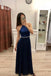 A Line Navy Blue Chiffon Long Prom Dresses,Cheap Party Dresses PDI81