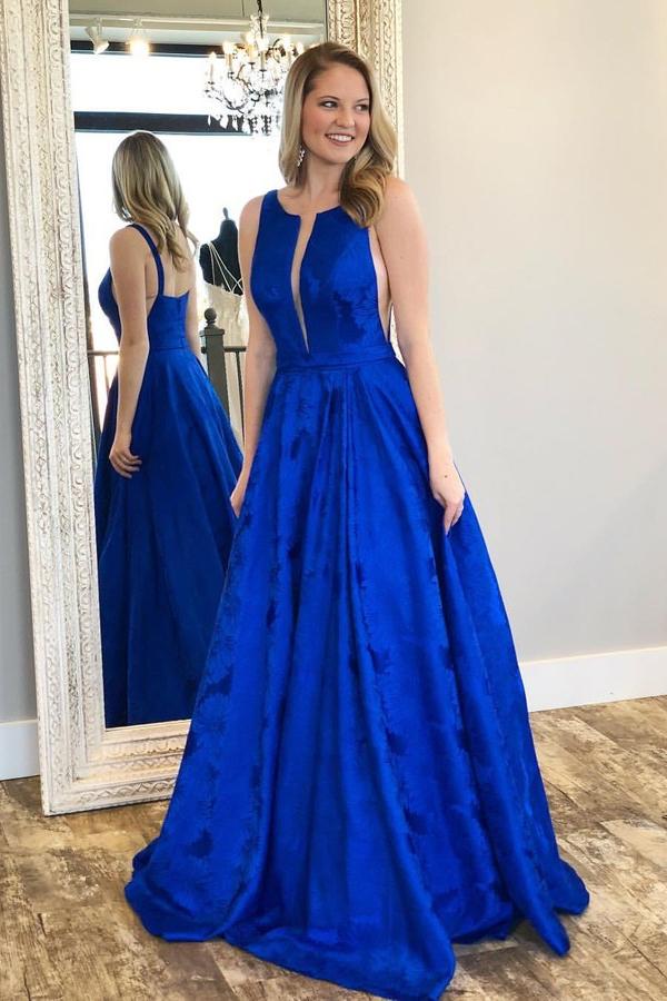 Charming A-Line Crew Floor-Length Royal Blue Printed Satin Prom Dresses PDJ9